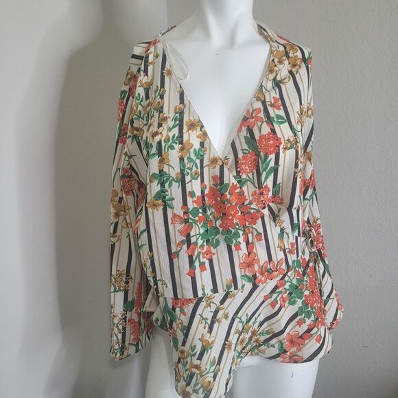 Zara Basic Small blouse top striped floral v-neck open bell sleeve drawstring - Picture 1 of 12